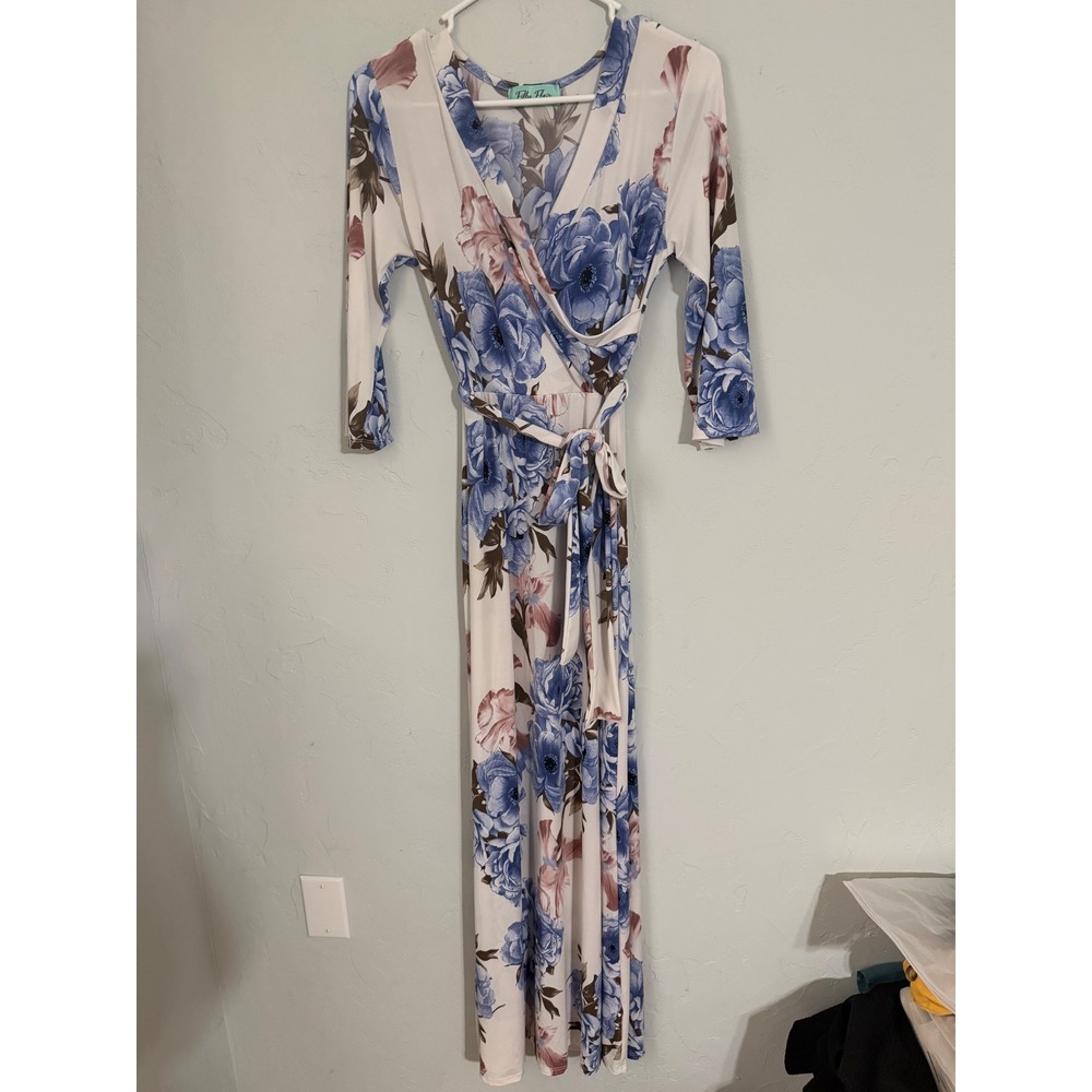 Filly Flair Blue Floral Wrap Maxi Dress 3/4 Sleeve VD7706 White Blue Pink M
